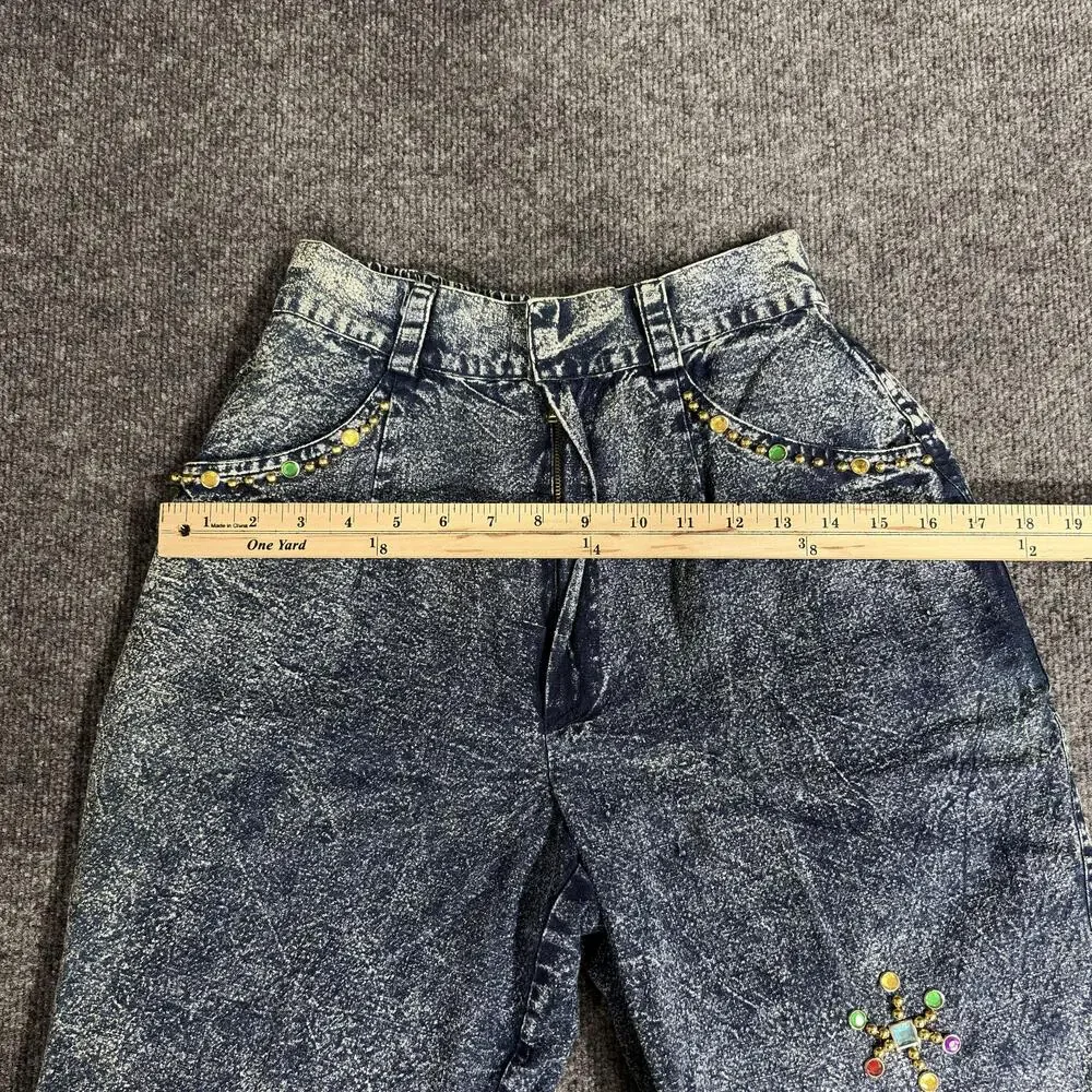 Vintage Acid Wash Denim Shorts Womens Small Blue Jeweled Embellished 90s